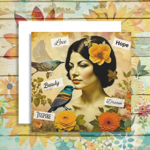 Carte Belle femme vintage avec oiseaux et fleurs