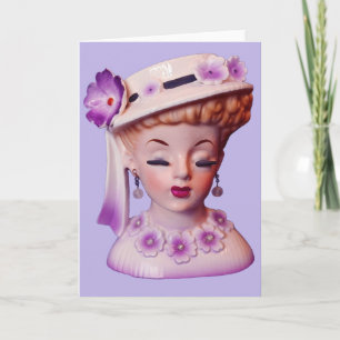Carte Belle Lady Head Vase Purple Flowers 1960 Poupée