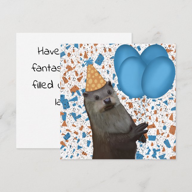 Carte Belle Otter D'Anniversaire Avec Ballons Bleus (Devant / Derrière)