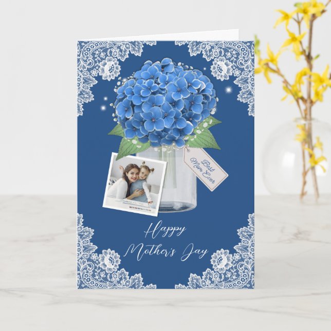 Carte Belle photo Florale Bleue Joyeuse fête des mères (Fleur jaune)