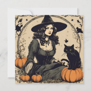 Carte Belle sorcière d'Halloween Vintage avec chat noir