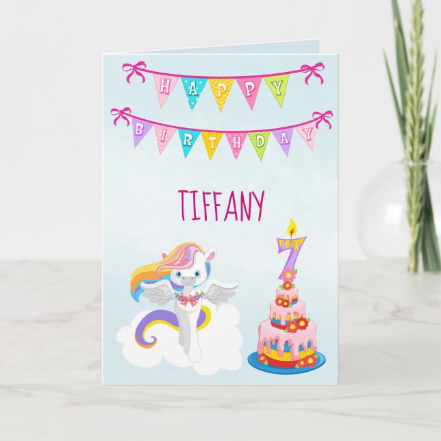 Carte Belle Unicorne 7e anniversaire Bleu (Devant)
