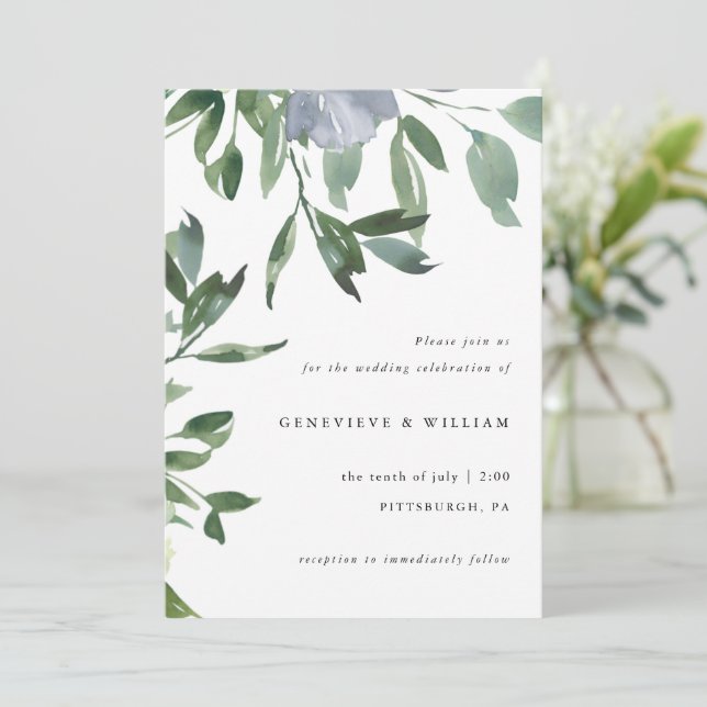 Carte Belle verdure et Dusty Blue Floral Mariage (Debout devant)