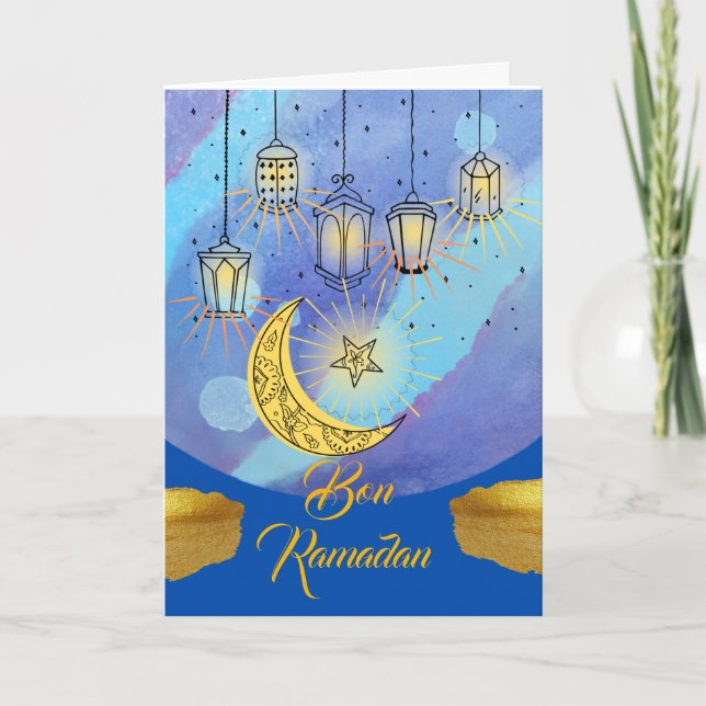 Carte Belles Lanternes de Ramadan Français la Nuit (Devant)