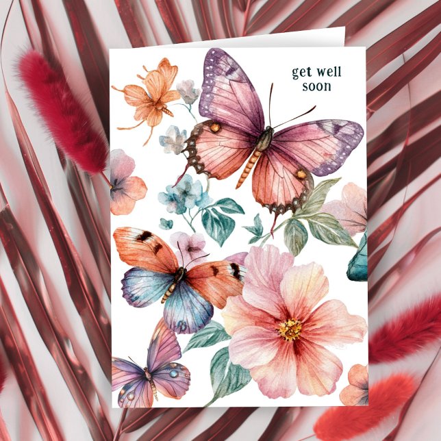 Carte Belles papillons et fleurs se portent bien bientôt (Beautiful Butterflies and Flowers GET WELL SOON Card
)