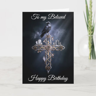 Carte Beloved Personalized Gothic Cross Raven Birthday