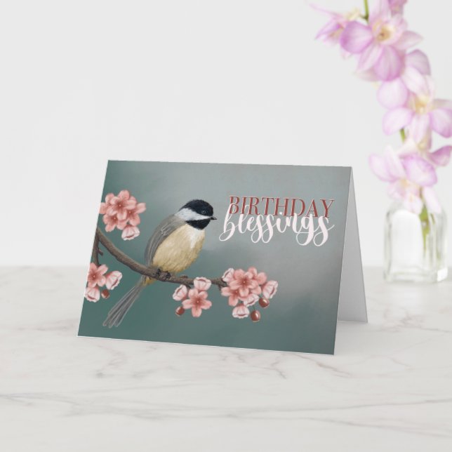 Carte Bénédiction d'anniversaire Chickadee avec fleurs d (Orchidée)