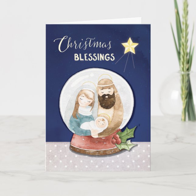 Carte Bénédiction de Noël Globe des neiges Famille saint (Devant)