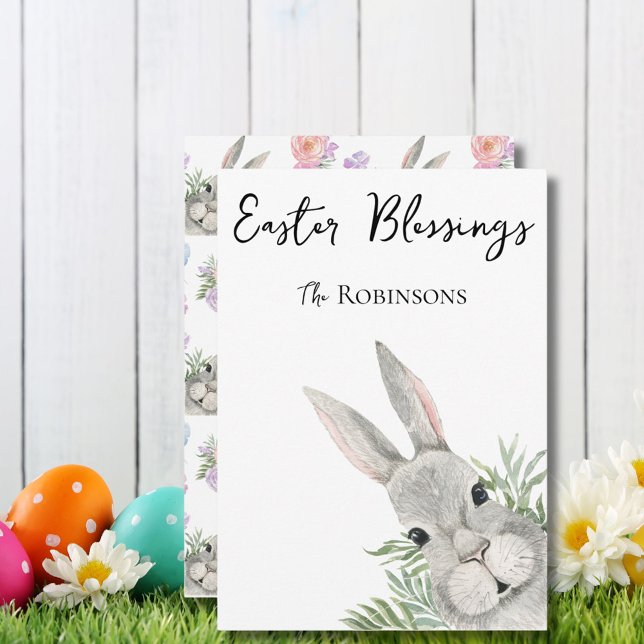 Carte Bénédiction de Pâques Curieux lapin gris Feuilles  (Créateur téléchargé)