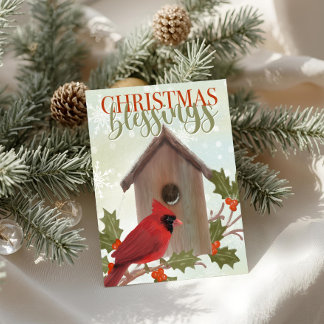 Carte Bénédictions de Noël Cardinal et Niche à Oiseaux