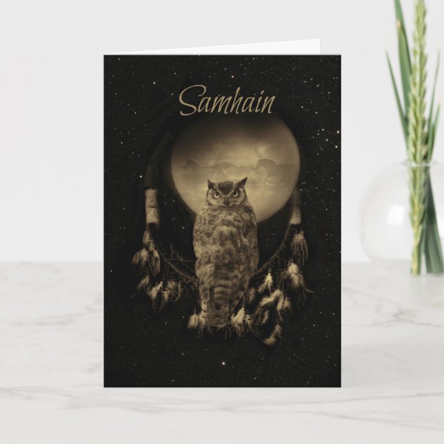 Carte Bénédictions de Samhain avec Hibou et Attrape-Rêve (Devant)