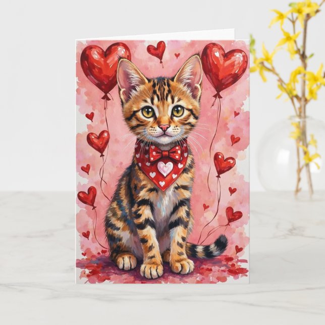 Carte Bengal Cat Valentine Sitting with Hearts Red (Fleur jaune)