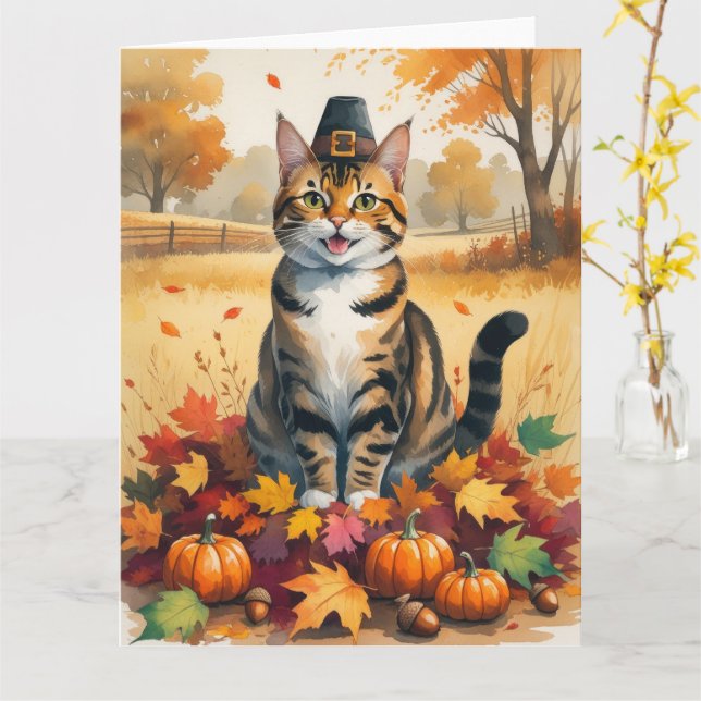 Carte Bengale Chat à l'automne quitte Thanksgiving Art (Fleur jaune)