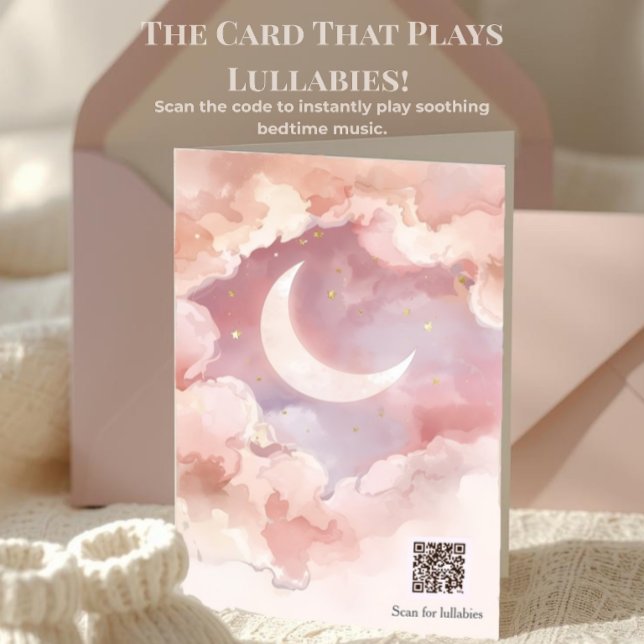 Carte Berceuse Interactive Code QR | Pink Moon Shower (Magical pink watercolor moon card with a scannable QR code that plays soothing lullabies instantly.)