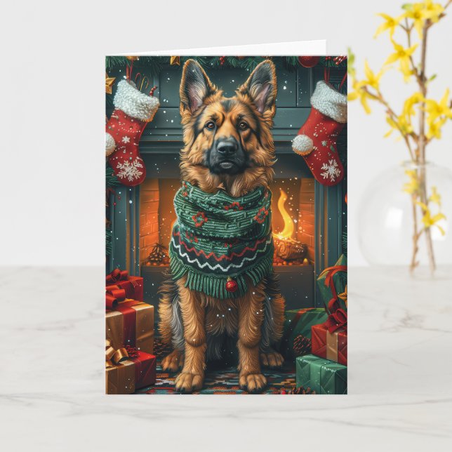 Carte Berger Allemand avec des cadeaux de Noël Cheminée (Fleur jaune)