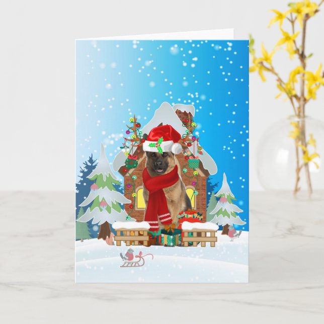 Carte Berger allemand dans la neige avec cadeaux de Noël (Fleur jaune)
