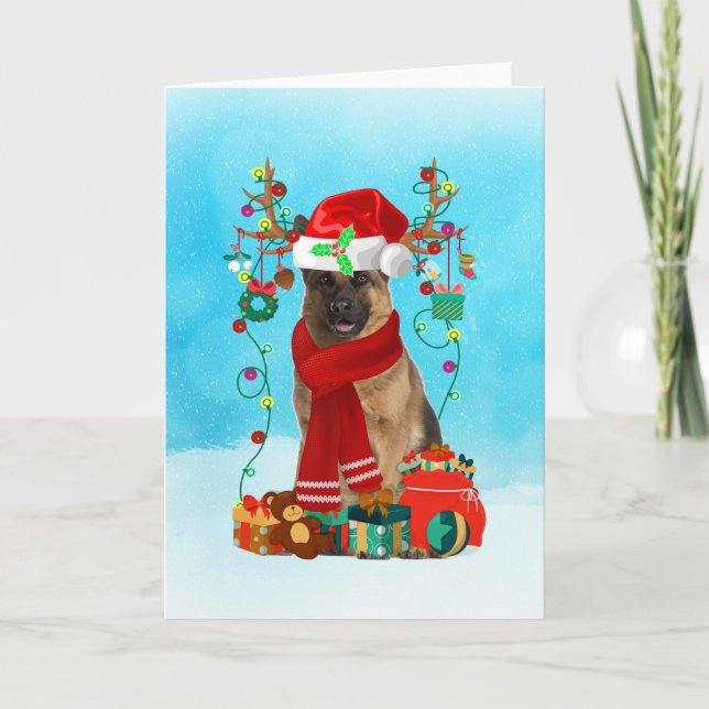 Carte Berger allemand dans la neige avec des cadeaux de  (Devant)