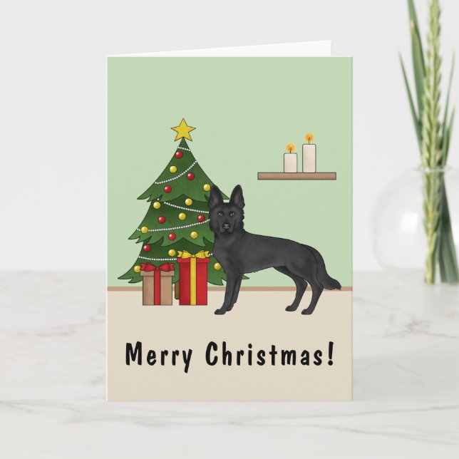 Carte Berger Allemand Noir Et Arbre De Noël Festif (Devant)