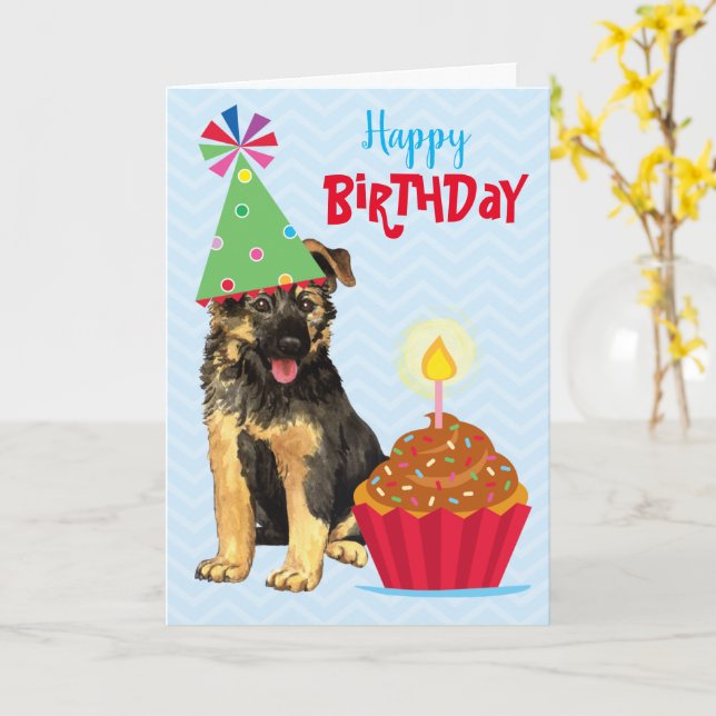 Carte berger allemande Cupcake Anniversaire (Fleur jaune)