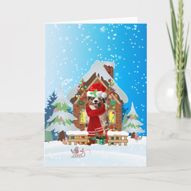 Carte Berger australien dans la neige avec cadeaux de No (Devant)
