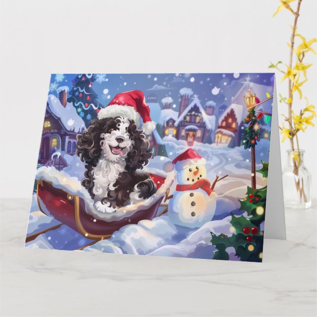 Carte Bernedoodle Chien dans Sleigh neige Noël (Fleur jaune)