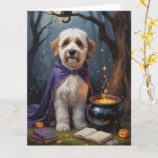 Carte Bernedoodle Chien Whimsical Halloween Peinture (Fleur jaune)