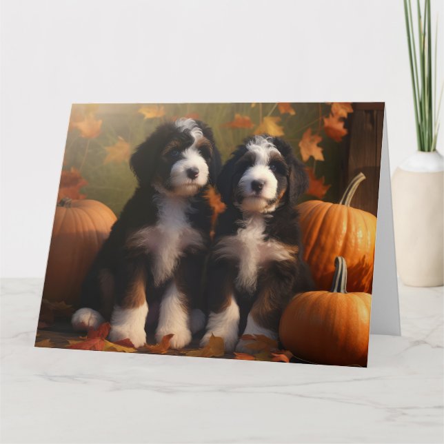 Carte Bernedoodle Chiot Automne Citrouille de plaisir (Devant)