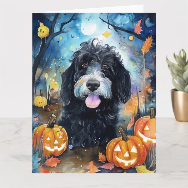 Carte Bernedoodle Halloween avec citrouilles effrayantes (Petite plante)