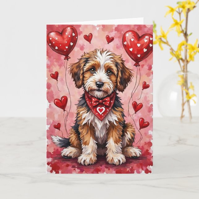 Carte Bernedoodle Valentine Dog Sitting with Hearts Red (Fleur jaune)