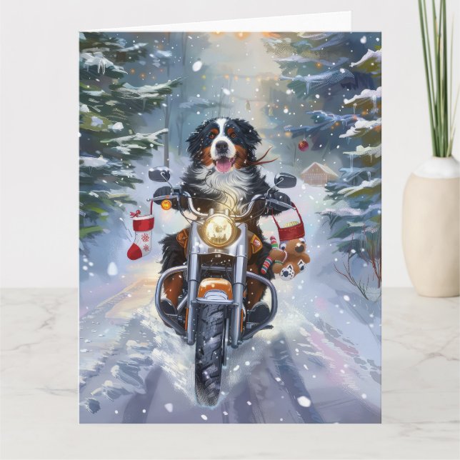 Carte Bernese Mountain Dog équitation Moto Noël (Devant)