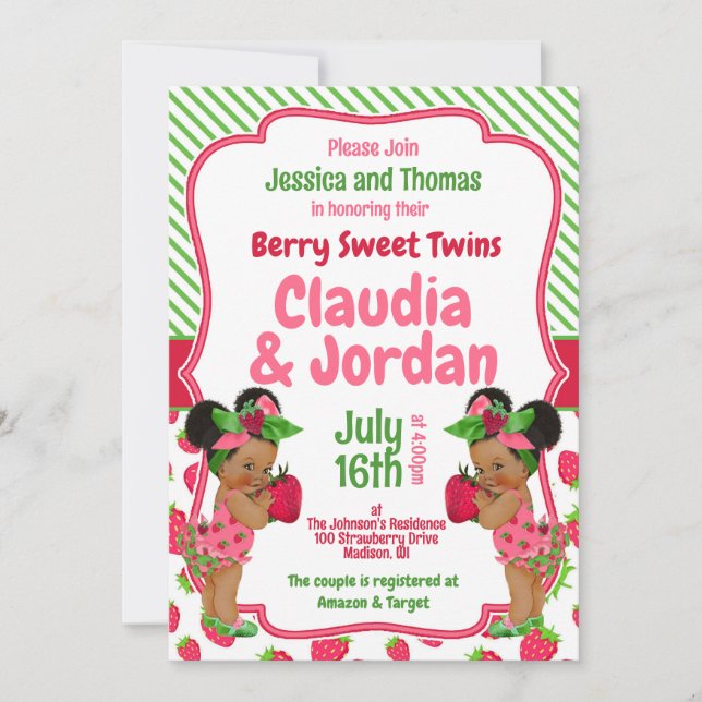 Carte Berry Sweet Twins Baby shower fraise (Devant)