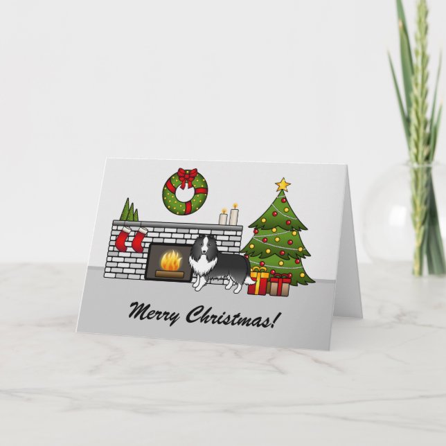 Carte Bi-Black Sheltie Dog Dans Une Salle De Noël & Text (Devant)