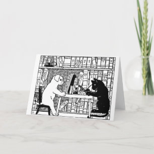 Carte Bibliothèque Chaton et Chien de Style Ancien, Litt