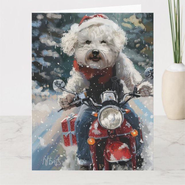 Carte Bichon Frise Chien équitation Moto Noël (Devant)