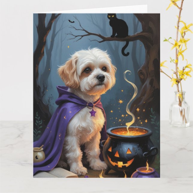 Carte Bichon Frise Chien Whimsical Halloween Peinture (Fleur jaune)