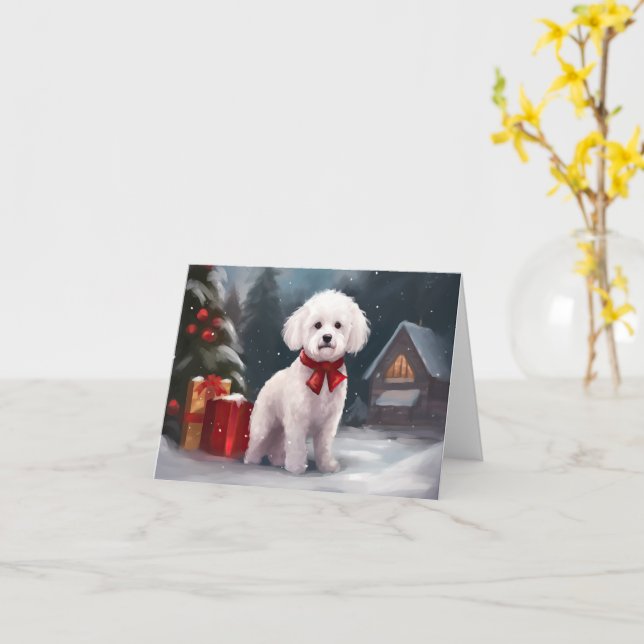 Carte Bichon Frise Dog à Noël de neige (Fleur jaune)