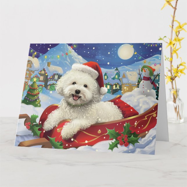 Carte Bichon Frise Dog à Sleigh Noël de neige (Fleur jaune)