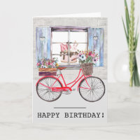 Bicyclette rouge avec panier à fleurs Anniversaire