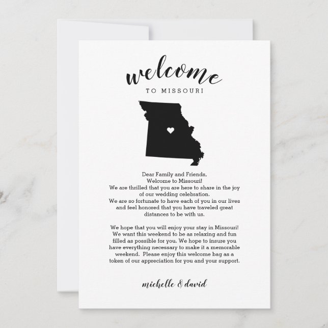 Carte Bienvenue à Missouri Lettre Mariage & Itinéraire (Devant)