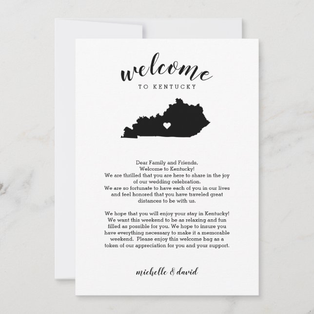 Carte Bienvenue au Kentucky | Lettre Mariage et itinérai (Devant)