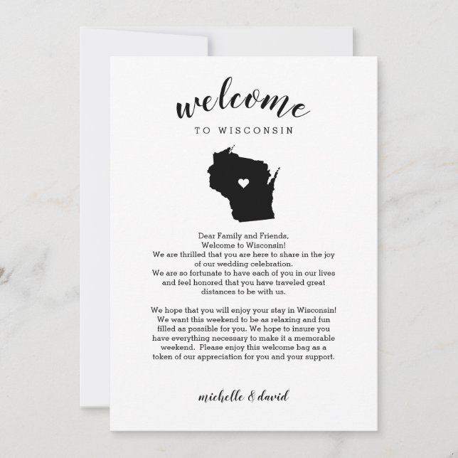 Carte Bienvenue au Wisconsin | Lettre Mariage et itinéra (Devant)