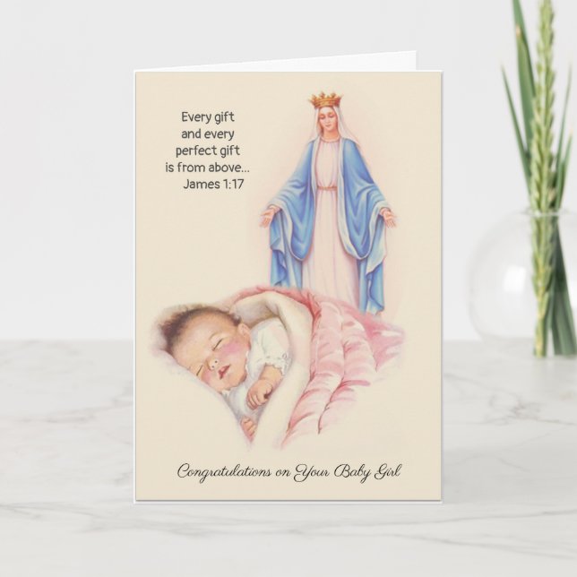 Carte Bienvenue Bébé Fille Bienheureuse Vierge Marie Cat (Devant)