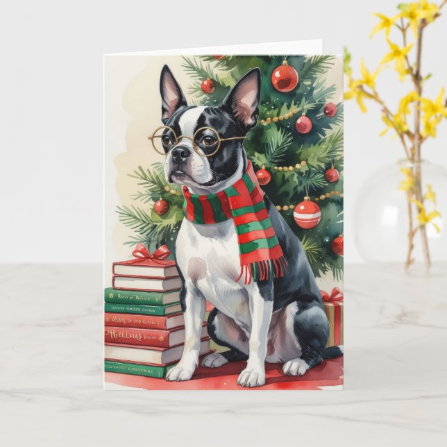 Carte Bienvenue de Noël à Boston Terrier Dog (Fleur jaune)