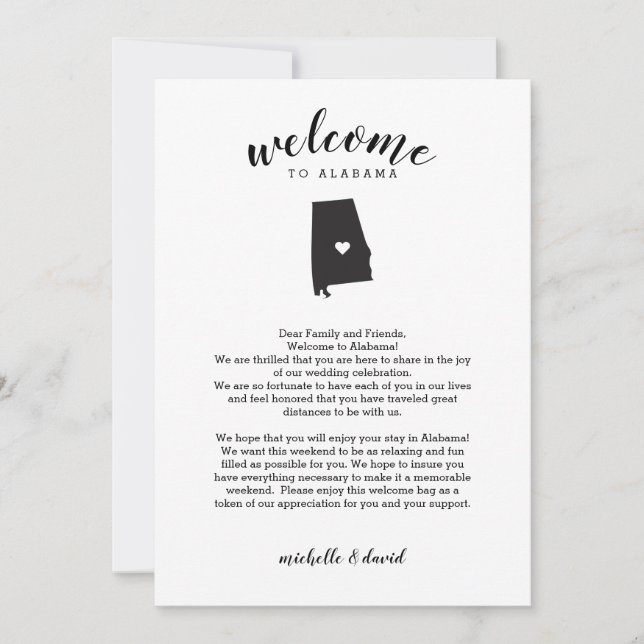 Carte Bienvenue en Alabama | Lettre Mariage et itinérair (Devant)