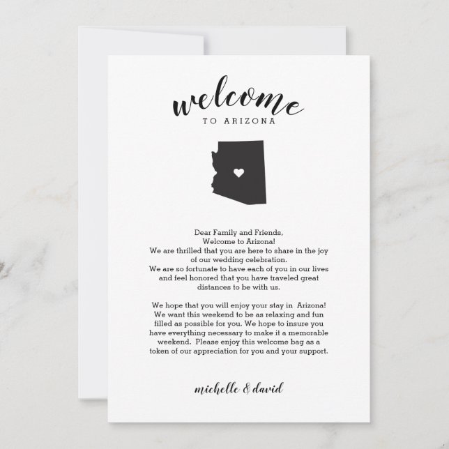 Carte Bienvenue en Arizona | Lettre Mariage et itinérair (Devant)