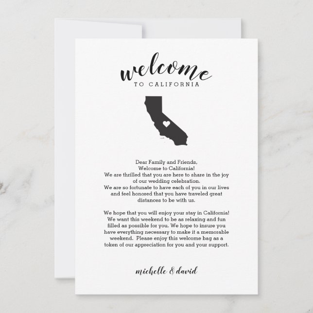 Carte Bienvenue en Californie | Lettre Mariage et itinér (Devant)