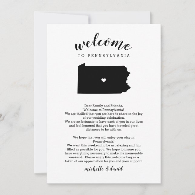 Carte Bienvenue Pennsylvanie Mariage lettre et itinérair (Devant)