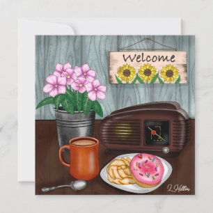 Carte Bienvenue, tournesols, beignets et café