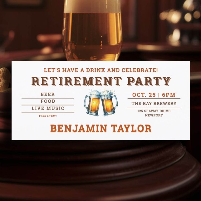 Carte Bière à thème brasserie Billet blanc Parti de retr (simple retire retirement party celebration invitation beer themed brewery fall oktoberfest)
