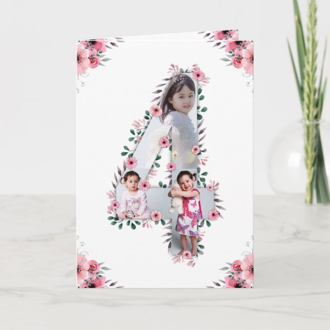Carte Big 4th Birthday Girl Photo Collage Fleur rose (Devant)